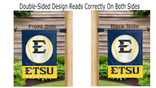 Load image into Gallery viewer, etsu baseball logo reading correctly on both sides of double sided garden flag
