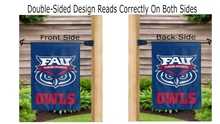 Load image into Gallery viewer, fau owls logo reading correctly on both sides of blue double sided garden flag
