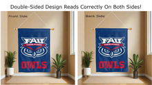 Load image into Gallery viewer, fau owls logo reading correctly on both sides of blue double sided house flag
