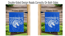 Load image into Gallery viewer, fayetteville state broncos logo reading correctly on both sides of blue double sided garden flag
