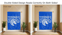 Load image into Gallery viewer, fayetteville state broncos logo reading correctly on both sides of blue double sided house flag
