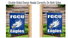 Load image into Gallery viewer, fgcu eagles logo reading correctly on both sides of blue double sided garden flag
