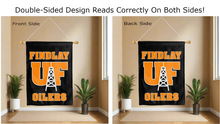Load image into Gallery viewer, findlay oilers logo reading correctly on both sides of black double sided house flag
