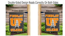 Load image into Gallery viewer, findlay uf oilers logo reading correctly on both sides of black double sided garden flag
