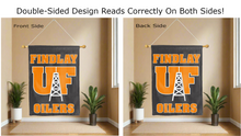 Load image into Gallery viewer, findlay uf oilers logo reading correctly on both sides of black double sided house flag
