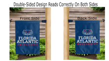 Load image into Gallery viewer, florida atlantic university logo reading correctly on both sides of blue double sided garden flag
