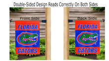 Load image into Gallery viewer, florida gators logo reading correctly on both sides of orange and blue double sided garden flag
