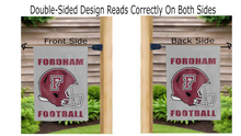 Load image into Gallery viewer, grey fordham rams football logo reading correctly on both sides of grey double sided garden flag
