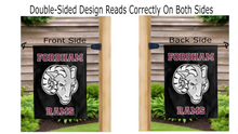 Load image into Gallery viewer, fordham rams logo reading correctly on both sides of black double sided garden flag
