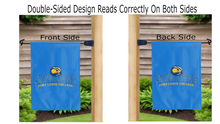 Load image into Gallery viewer, fort lewis college skyhawks logo reading correctly on both sides of light blue double sided garden flag
