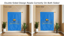Load image into Gallery viewer, fort lewis college skyhawks logo reading correctly on both sides of light blue double sided house flag
