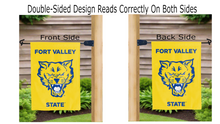 Load image into Gallery viewer, fort valley state wildcats logo reading correctly on both sides of gold double sided garden flag
