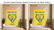 Load image into Gallery viewer, fort valley state wildcats logo reading correctly on both sides of gold double sided house flag
