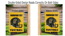 Load image into Gallery viewer, framingham state football logo reading correctly on both sides of gold double sided garden flag

