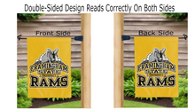 Load image into Gallery viewer, framingham state university rams logo reading correctly on both sides of gold double sided garden flag
