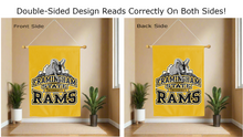 Load image into Gallery viewer, framingham state university rams logo reading correctly on both sides of gold double sided house flag
