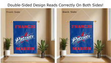 Load image into Gallery viewer, francis marion patriots logo reading correctly on both sides of blue double sided house flag
