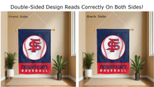 Load image into Gallery viewer, fresno state baseball logo reading correctly on both sides of blue and red double sided house flag
