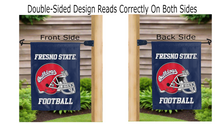 Load image into Gallery viewer, fresno state bulldogs football logo reading correctly on both sides of blue double sided garden flag
