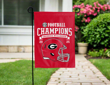 Load image into Gallery viewer, front side of georgia football garden flag with sec conference champions 2025 logo for yard decor

