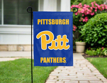 Load image into Gallery viewer, front side of blue and gold pittsburgh panthers double sided garden flag for yard decor
