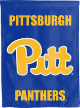 Load image into Gallery viewer, front side of blue and gold pittsburgh panthers double sided house flag for man cave decor
