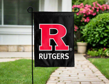 Load image into Gallery viewer, front side of red and black rutgers university double sided garden flag for yard decor
