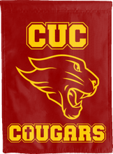 Load image into Gallery viewer, front side of red and gold cuc cougars double sided house flag for game day decor
