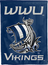 Load image into Gallery viewer, front side of blue wwu vikings double sided garden flag for man cave decor

