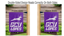 Load image into Gallery viewer, gcu lopes logo reading correctly on both sides of purple double sided garden flag
