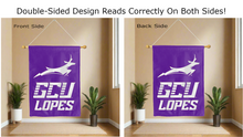 Load image into Gallery viewer, gcu lopes logo reading correctly on both sides of purple double sided house flag
