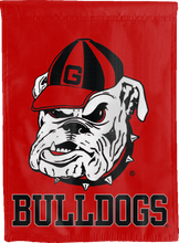Load image into Gallery viewer, red double sided house flag with georgia bulldogs logo for college dorm decor 
