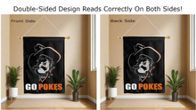 Load image into Gallery viewer, go pokes logo reading correctly on both sides of black osu double sided house flag

