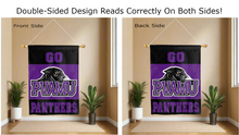 Load image into Gallery viewer, go pvamu panthers logo reading correctly on both sides of purple and black double sided house flag
