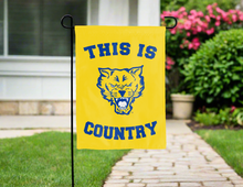 Load image into Gallery viewer, gold double sided garden flag with this is fort valley state wildcats country logo for yard decor
