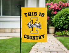 Load image into Gallery viewer, gold double sided garden flag with this is idaho vandals country logo for yard decor
