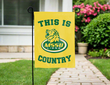 Load image into Gallery viewer, gold double sided garden flag with this is mssu lions country logo for yard decor
