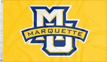 Load image into Gallery viewer, gold marquette university flag with mu marquette logo for college dorm decor

