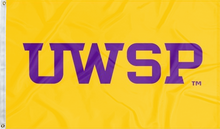 Load image into Gallery viewer, gold uwsp pointers flag for college dorm decor
