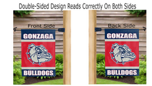Load image into Gallery viewer, gonzaga bulldogs logo reading correctly on both sides of blue and red garden flag
