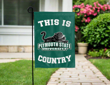 Load image into Gallery viewer, green double sided garden flag with this is plymouth state university country logo for yard decor
