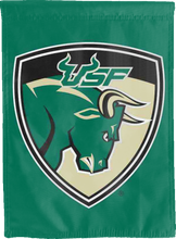 Load image into Gallery viewer, green double sided house flag with usf shield logo for man cave decor
