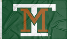 Load image into Gallery viewer, green montana tech flag with mt interlock logo for college dorm decor
