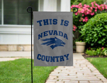 Load image into Gallery viewer, grey double sided garden flag with this is nevada wolfpack country logo for yard decor
