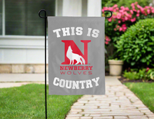 Load image into Gallery viewer, grey double sided garden flag with this is newberry wolves country logo for yard decor
