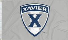 Load image into Gallery viewer, grey xavier university flag with shield logo for college dorm decor
