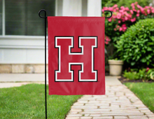 Load image into Gallery viewer, red harvard double sided garden flag with H logo for yard decor
