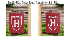 Load image into Gallery viewer, harvard h logo reading correctly on both sides of red double sided garden flag
