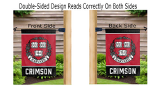 Load image into Gallery viewer, harvard shield and crimson logos reading correctly on both sides of black and red garden flag
