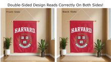 Load image into Gallery viewer, harvard shield logo reading correctly on both sides of red double sided house flag
